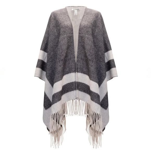 WALTER BAKER Verushka Reversible Poncho‎ Black Ivory Women Cozy Boho Fringe Wrap - Picture 1 of 12